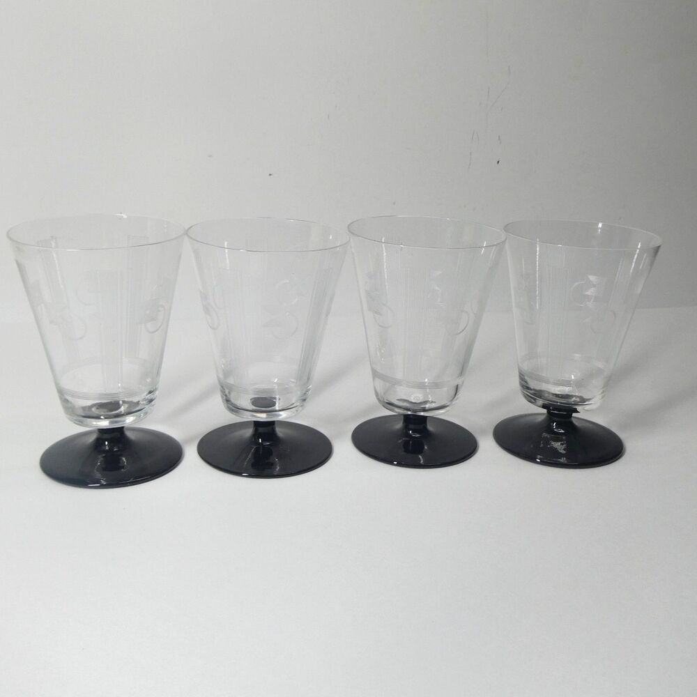 Art Deco 4 Footed Glasses Set 4 3/8" Etched Pattern Black Base